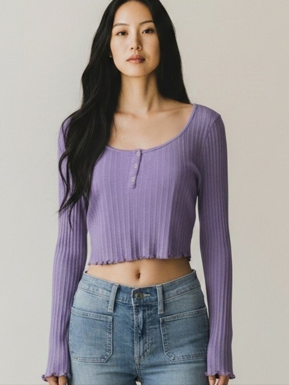 BP. Womens Small Purple Ribbed Crop Top Long Sleeve Henley Lettuce Hem Y2K